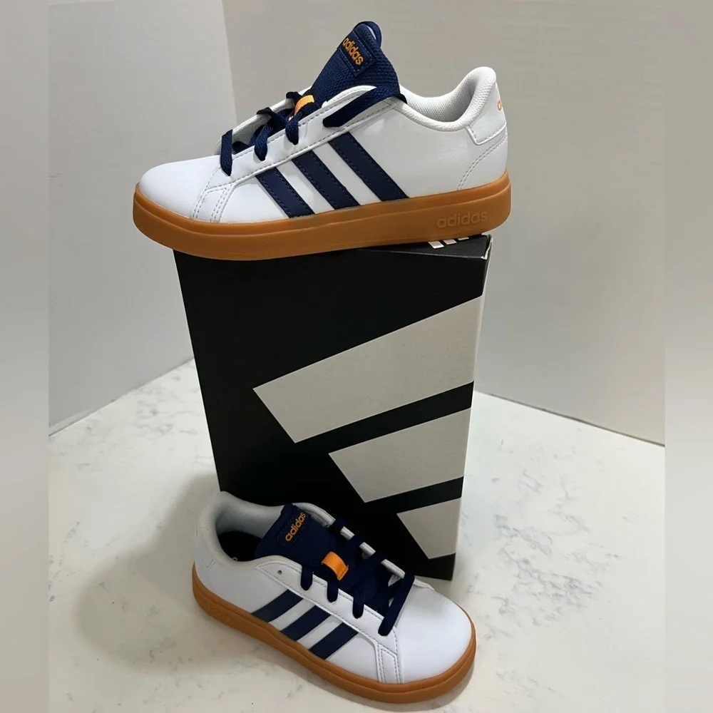 Adidas Kids' White and Navy Sneakers with Orange Accents
